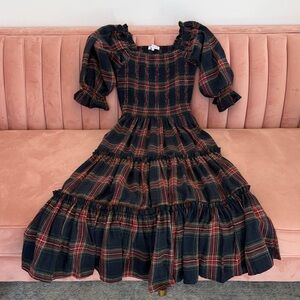 Ivy City Co Plaid Puff-Sleeve Tiered Midi Dress - Black & Red